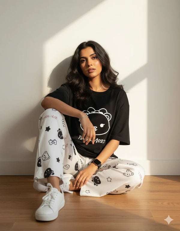 Black Smile Design Night Dress for Women – Cotton Jersey Summer Night Suit