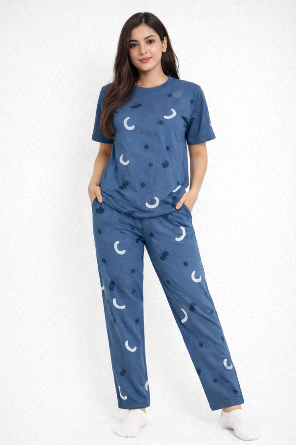 Blue Pattern Design Night Suit for Girls & Women – Premium Fabric Sleepwear Set