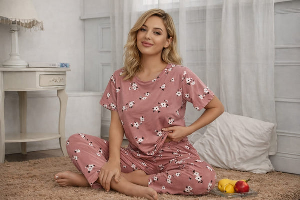 White Flower Printed Night Suit for Women – Soft & Breathable Summer Sleepwear