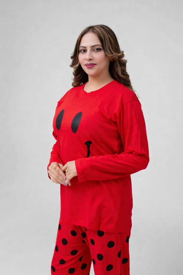 Red Smiley Full Sleeves Printed Pajama Night Suit for Women – Soft & Comfortable Sleepwear