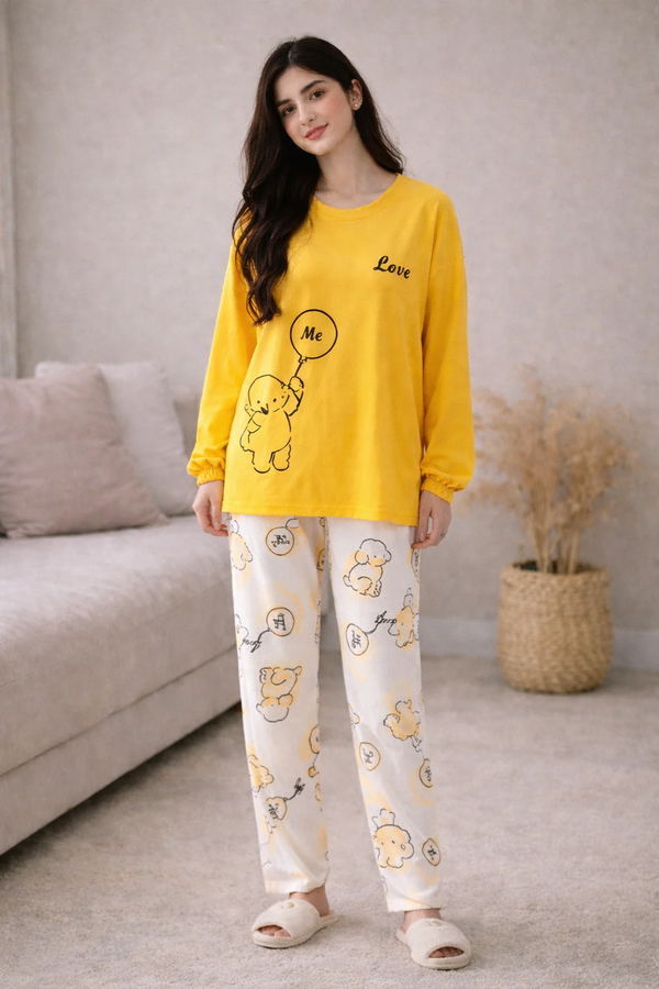 Yellow Love Design Night Suit – Premium Fabric Sleepwear for Girls & Women